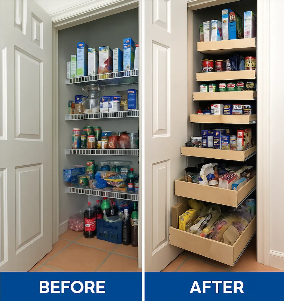 Pantry transformation before shows cluttered shelves; after features organized pull-out drawers with neatly arranged food items