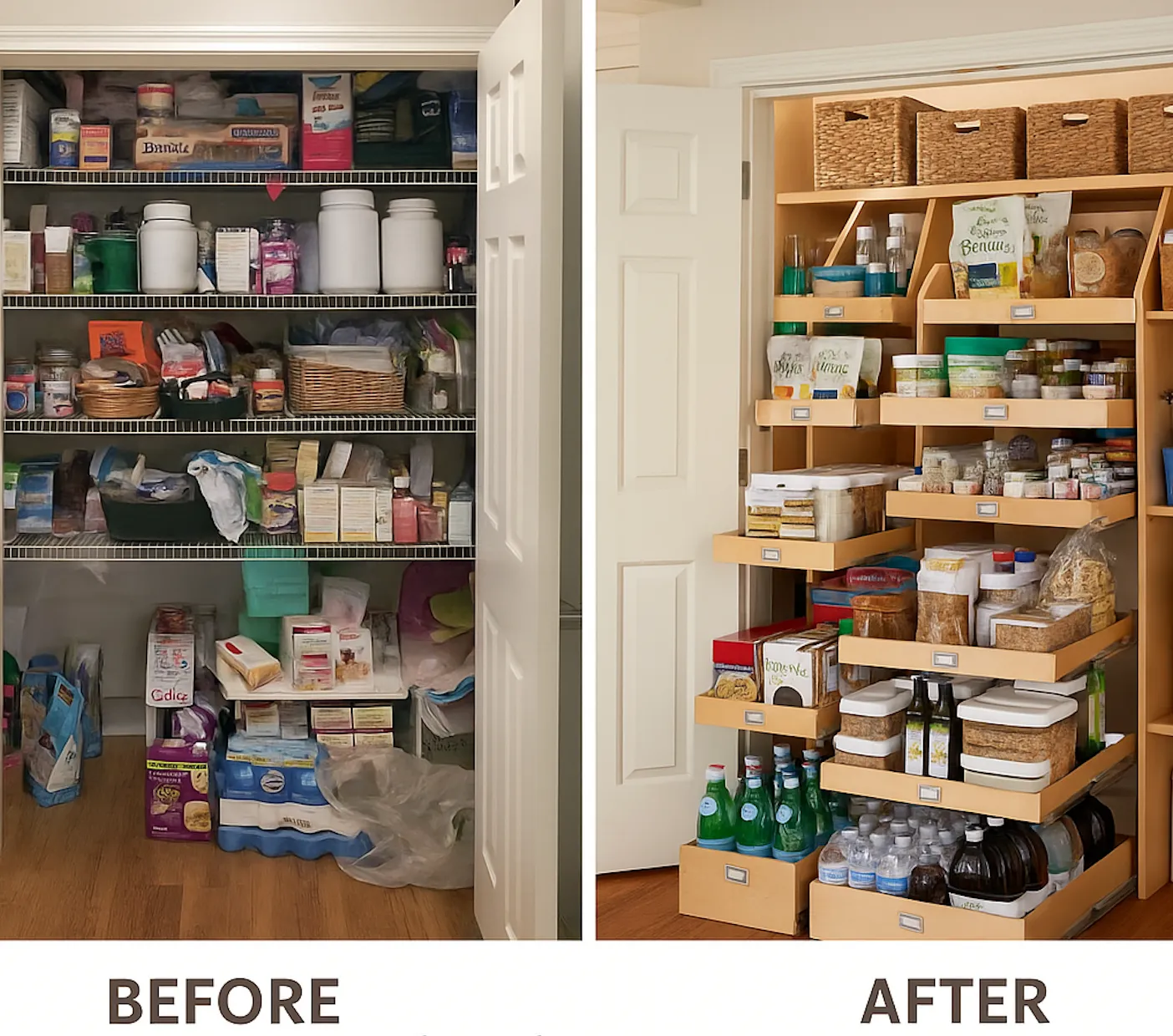 Side-by-side comparison of a cluttered pantry before organization and a neatly arranged, labeled pantry after organization
